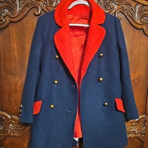 Navy and Red Double-Breasted Coat Gorgeous, EUC No Damage Small Vintage